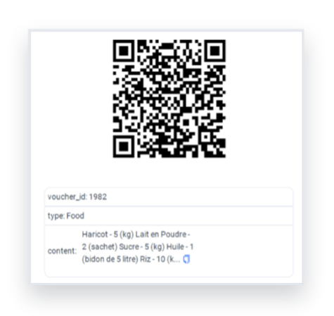 A voucher record in 3D showing a QR code above the voucher ID, type and contents: beans, powdered milk, sugar, oil and rice.