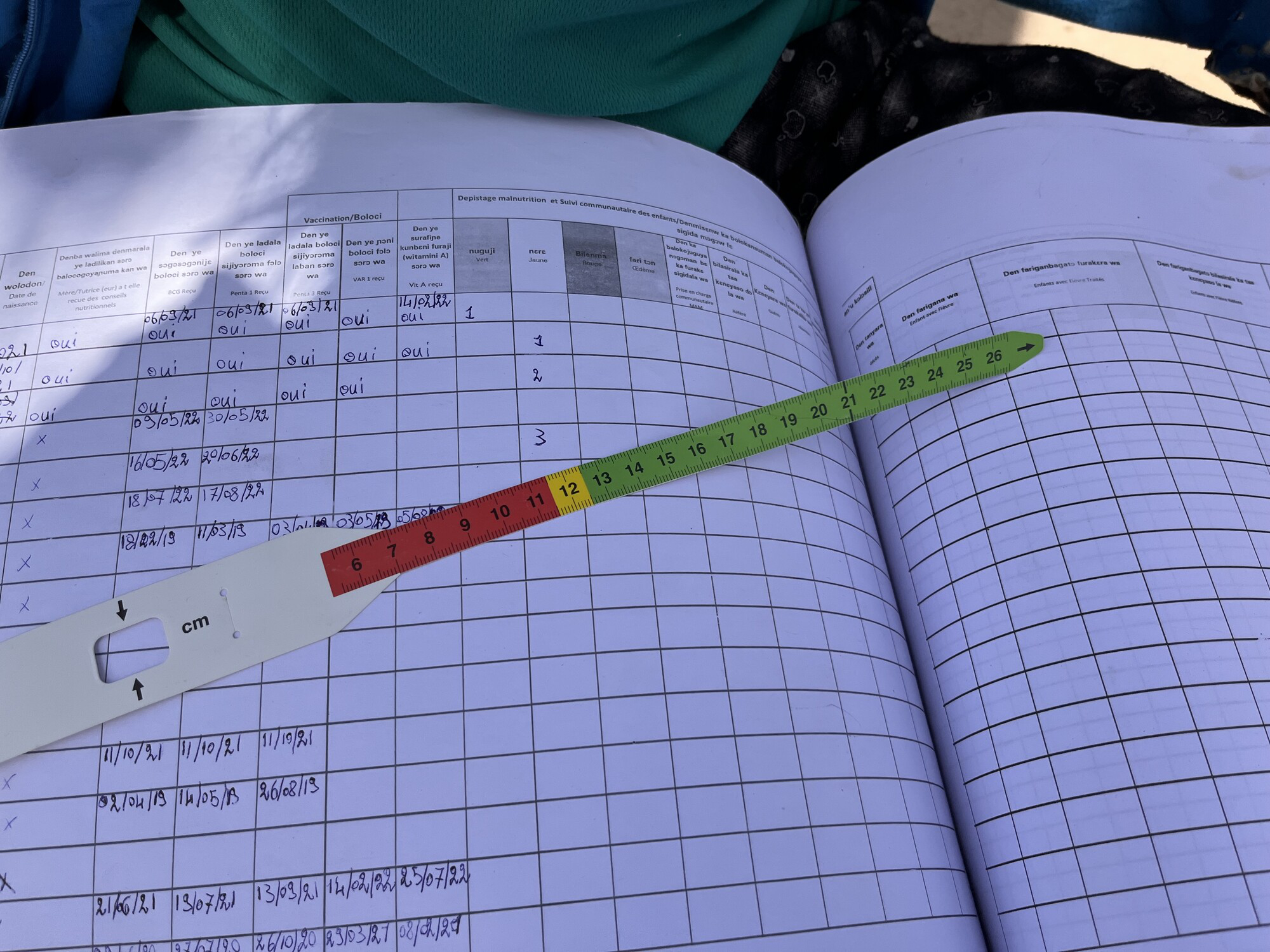 An open paper register with handwritten dates and ticks, a MUAC measuring tape laid across the page.
